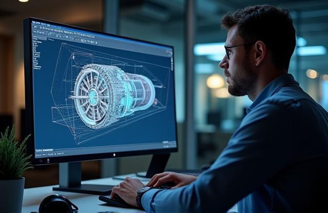 Engineer working on a CAD design on a computer